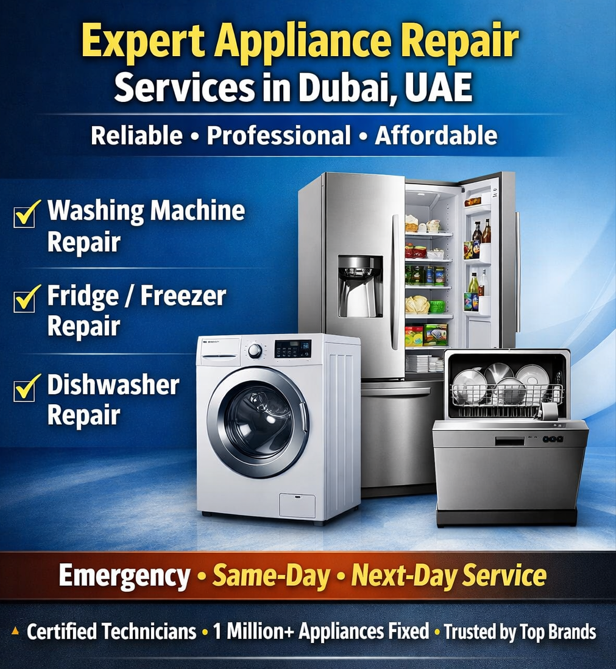 Appliance repair expert servicing washing machine in Dubai home.